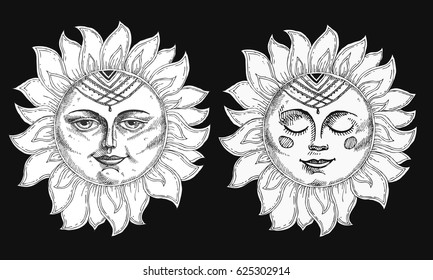 Hand drawn sun with face stylized as engraving. Can be used as print for T-shirts and bags, cards, decor element. Vector astrology symbol