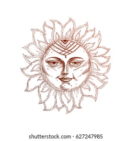 Hand drawn sun with face stylized as engraving. Can be used as print for T-shirts and bags, cards, decor element. Vector astrology symbol