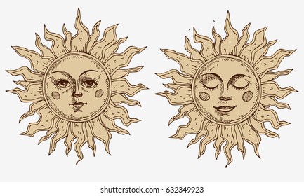 Hand drawn sun with face stylized as engraving. Can be used as print for T-shirts and bags, cards, decor element. Vector astrology symbol