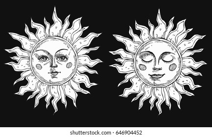 Hand drawn sun with face stylized as engraving. Can be used as print for T-shirts and bags, cards, decor element. Vector astrology symbol