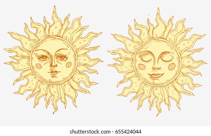 Hand drawn sun with face stylized as engraving. Can be used as print for T-shirts and bags, cards, decor element. Vector astrology symbol