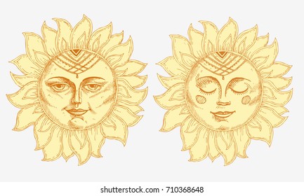 Hand drawn sun with face stylized as engraving. Can be used as print for T-shirts and bags, cards, decor element. Vector astrology symbol