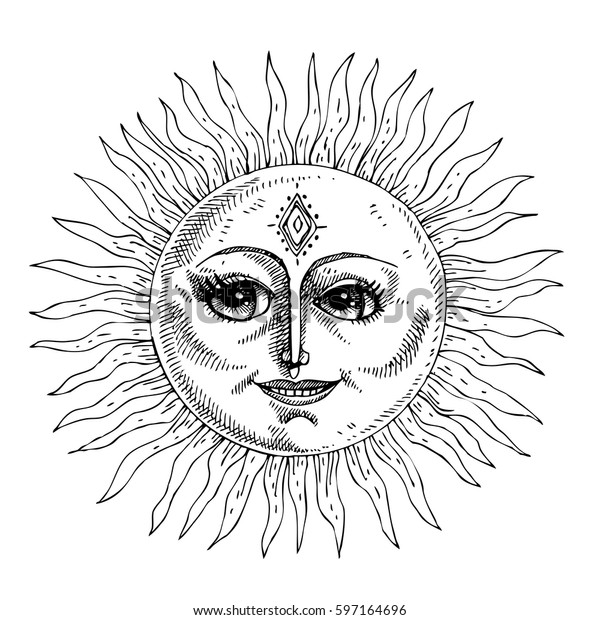 Hand Drawn Sun Face Stylized Engraving Stock Vector (Royalty Free ...