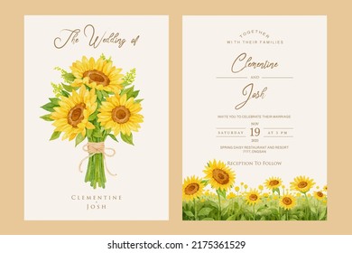 Hand drawn sun flowers hand bouquet landscape set wedding invitation template