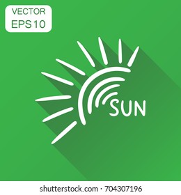 Hand drawn sun icon. Business concept sun pictogram. Vector illustration on green background with long shadow.
