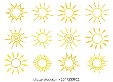 Hand drawn sun icon collection. Summer design. Vector illustration