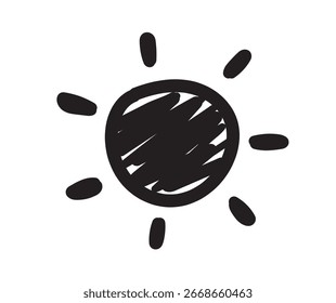 Handgezeichnete Sonne. Sonnensymbol. Doodle Kinder Zeichnung. Sonnensymbol. Wetterschild. Vektorgrafik