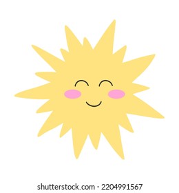 Hand drawn sun icon with happy face. Cartoon vector illustration of sunshine, girly sticker, flat style.