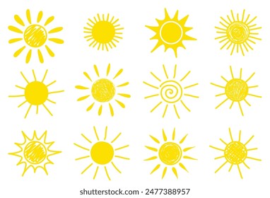 Conjunto de iconos de sol dibujado a mano. Ilustración vectorial
