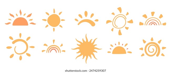 Hand drawn sun icon and symbol collection, isolated sun symbols for sunscreen cream and spf cosmetic skin care products, blank sun sign for uv protection oil bottle or cartoon sunscreen lotion.