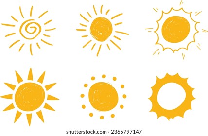 Hand drawn Sun icon vectors isolated on white background. Hand drawn Sun Shine Ray Set. Sunset icon collection. Sunrise icon collection. 