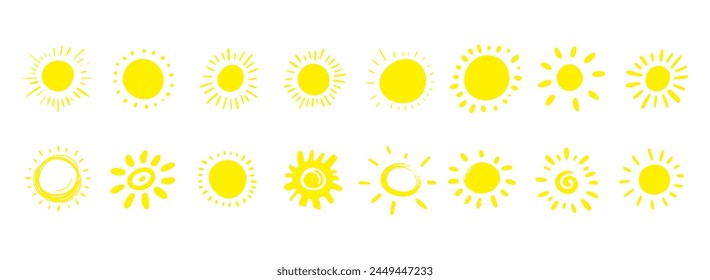 Vectores de iconos de Sun dibujados a mano aislados sobre fondo blanco. Colección de iconos de puesta de sol. Juego de rayas Sun Shine.