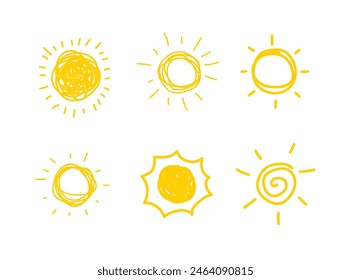 Hand drawn Sun icon vectors isolated on white background. Sunset icon collection. Sunrise icon collection. Sun Shine Ray Set.