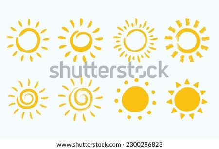 Hand drawn Sun icon vectors isolated on white background. Sunset icon collection. Sunrise icon collection. Sun Shine Ray Set. 