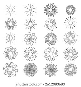 Hand drawn sun icons in doodle style. Unique outline sun designs with decorative patterns isolated on white background. Concept of ink sun for summer, nature, and celestial-themed creative projects.