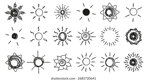 Iconos de sol dibujados a mano con rayos. Bocetos de estilo doodle negro de círculos de sol. Obra de arte para decoración y diseño creativo