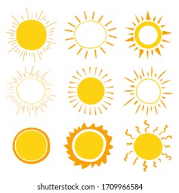 Hand Drawn Sun Icons Set. Summer Symbols. Weather Theme. Vector Illustration