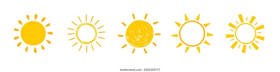 Hand drawn sun icons. Set with summer elements in cartoon style. Vector illustration