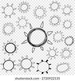 Ícones desenhados à mão do sol conjunto coleção para projetos de verão e tempo