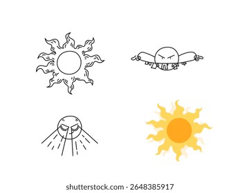 Hand drawn sun illustration set in line drawing and flat vector style.	