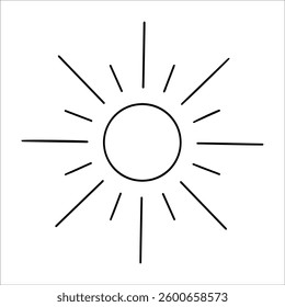 Hand drawn sun in line art style. Simple outline sun with ink strokes isolated on white background. Concept of sun for summer, weather, nature, and artistic design in minimalistic style. Sun