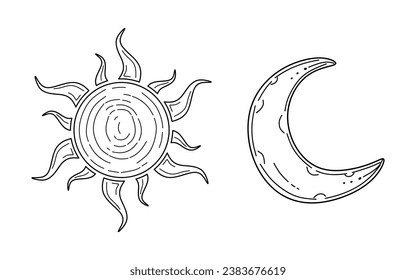 Hand drawn sun and moon, doodle style. Sketch of sun and moon isolated on white background. Minimal freehand drawing for tattoo, engraving and decoration. Vector illustration