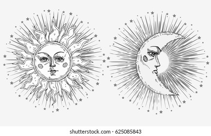 Hand drawn sun and moon with face and starburst stylized as engraving. Can be used as print for T-shirts and bags, cards, decor element. Vector astrology symbol