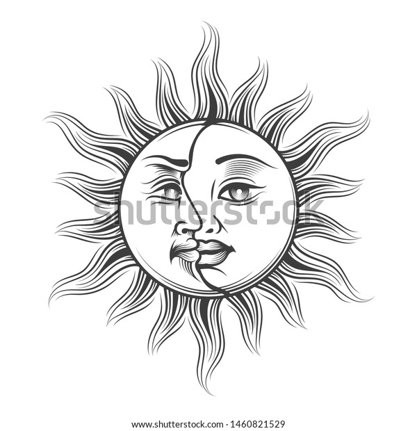 手描きの太陽と月 彫刻体の人間の顔 中世オカルト占星術のシンボル ベクターイラスト のベクター画像素材 ロイヤリティフリー 1460821529