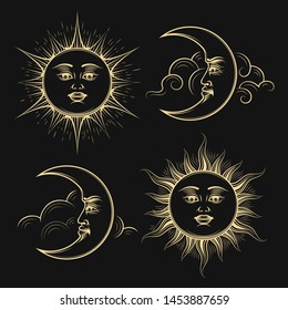 Hand Drawn Sun and Moon Medieval Esotric Astrology symbol set on black background. Vector Illustration.