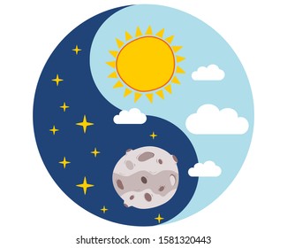 Hand drawn sun and moon on sky background in the form of Yin Yang sign. Circular image - yin yang - day and night vector cartoon illustration. Symbols on blue background