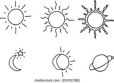 Paquete de ilustraciones de Sol, Luna y Planeta dibujado a mano