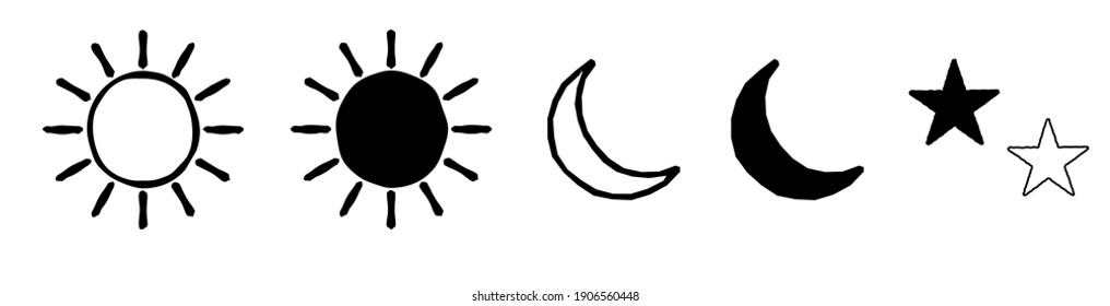 Hand Drawn Sun Moon Star Flat Icons Set Isolated on White