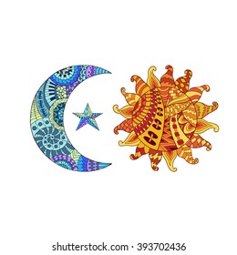 Hand drawn sun, new moon and star for anti stress colouring page. Pattern for coloring book.  Illustration in zentangle style. Monochrome variant. Ethnic background.