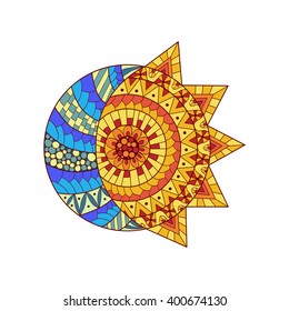 Hand drawn sun, new moon and star for anti stress colouring page. Pattern for coloring book.  Illustration in zentangle style. Colorful variant. Ethnic background.