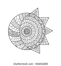 Hand drawn sun and new moon for anti stress colouring page. Pattern for coloring book. Illustration in zentangle style. Monochrome variant. Ethnic background.