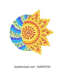 Hand drawn sun, new moon for anti stress colouring page. Pattern for coloring book.  Illustration in zentangle style. Colorful variant. Ethnic background.