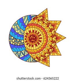 Hand drawn sun, new moon and star for anti stress colouring page. Pattern for coloring book.  Illustration in zentangle style. Colorful variant. Ethnic background.