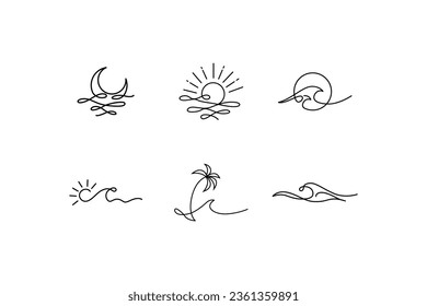 Hand drawn, sun, ocean, beach elements earth elements vector art illsutration, line art wave, ocean sun illsutration