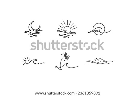 Hand drawn, sun, ocean, beach elements earth elements vector art illsutration, line art wave, ocean sun illsutration