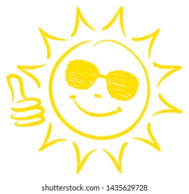 Hand Drawn Sun One Thumb Up With Sunglasses Yellow