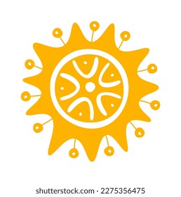Hand drawn sun with ornament and rays flat icon. Vector illustration