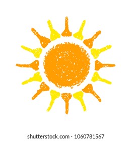 Hand Drawn Sun painted with oil pastel crayons isolated on white background. Vector illustration.