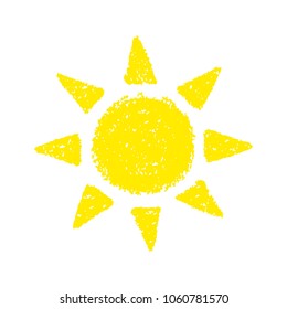 Hand Drawn Sun painted with oil pastel crayons isolated on white background. Vector illustration.