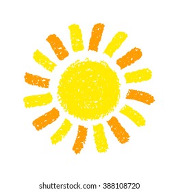 Hand Drawn Sun. Painted with oil pastel crayons. Decorative graphic element for children's books, scrapbooking, birthday card, summer party poster, vacation destination flyer. Vector illustration.