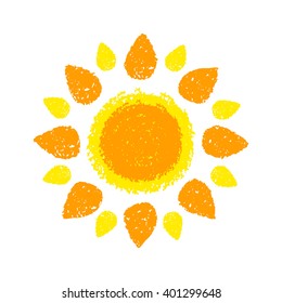 Hand Drawn Sun. Painted with oil pastel crayons. Decorative graphic element for children books, scrapbooking, birthday card, summer party poster, vacation destination flyer. Vector illustration.