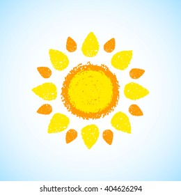 Hand Drawn Sun. Painted with oil pastel crayons. Decorative graphic element for children books, scrapbooking, birthday card, summer party poster, vacation destination flyer. Vector illustration.