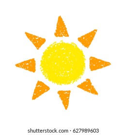 Hand Drawn Sun. Painted with oil pastel crayons. Decorative graphic element for children books, scrapbooking, birthday card, summer party poster, vacation destination flyer. Vector illustration.