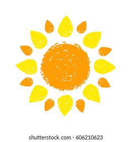 Hand drawn Sun. Painted with pastel crayons. Graphic element for children book, scrapbooking, birthday card, baby shower invitation, summer poster, vacation destination flyer. Vector illustration