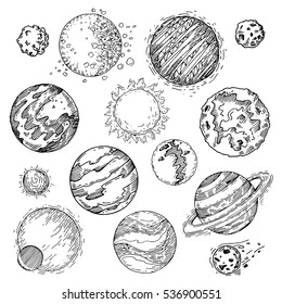 Hand drawn sun, planets, asteroids and other outer space objects,  solar system