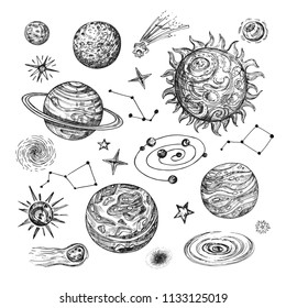 Hand drawn sun, planets, stars, comet, asteroid, galaxy. Vintage astronomical vector illustration in engraving style. Planet and comet, moon and sun, galaxy and asteroid